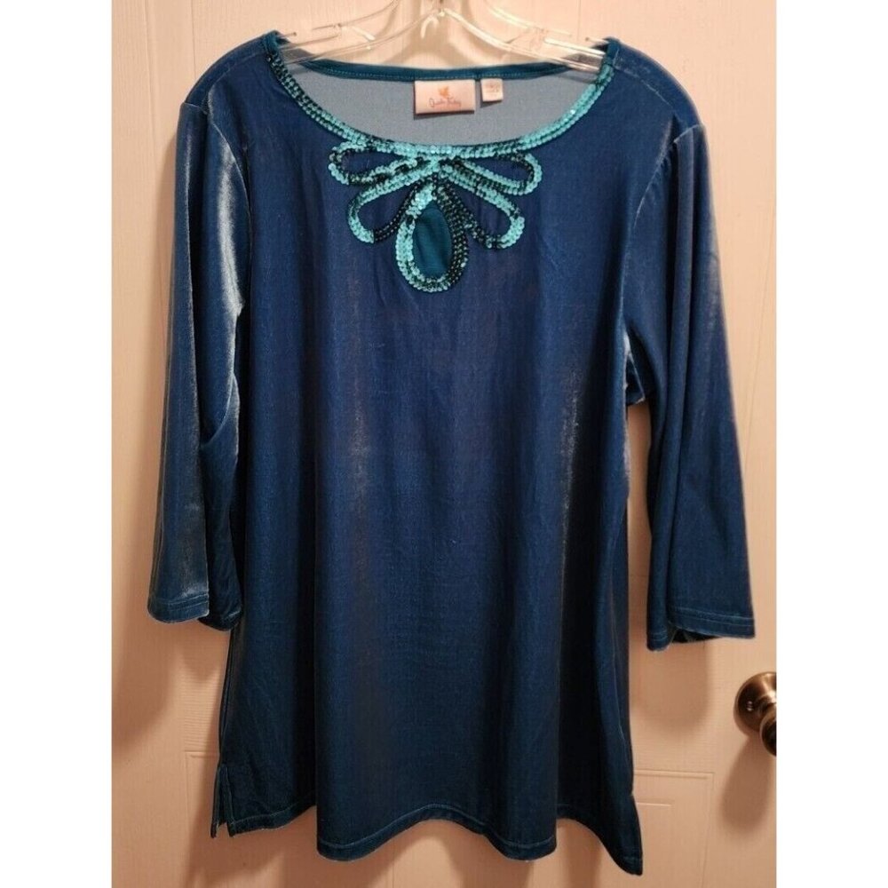 Quacker Factory Women's 3/4 Sleeve Sequin Keyhole Neck Blouse Top Blue‎ Velvet L